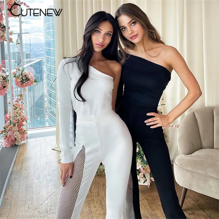NIBBER Sexy Mesh Patchwork One Shoulder Playsuits Women Elegant Solid Skinny Flare Pants Jumpsuit Fashion Lady Party Streetwear