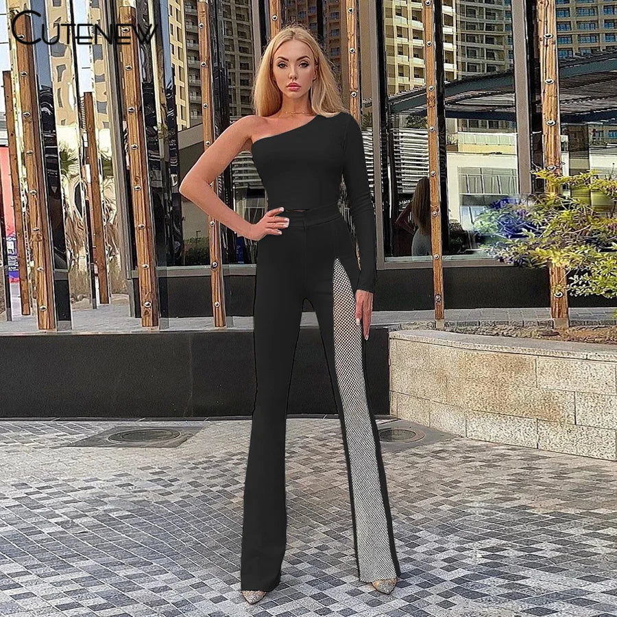 NIBBER Sexy Mesh Patchwork One Shoulder Playsuits Women Elegant Solid Skinny Flare Pants Jumpsuit Fashion Lady Party Streetwear