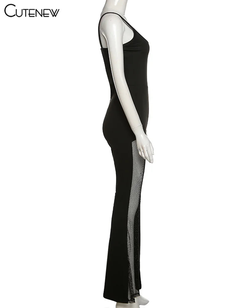 NIBBER Sexy Mesh Patchwork One Shoulder Playsuits Women Elegant Solid Skinny Flare Pants Jumpsuit Fashion Lady Party Streetwear