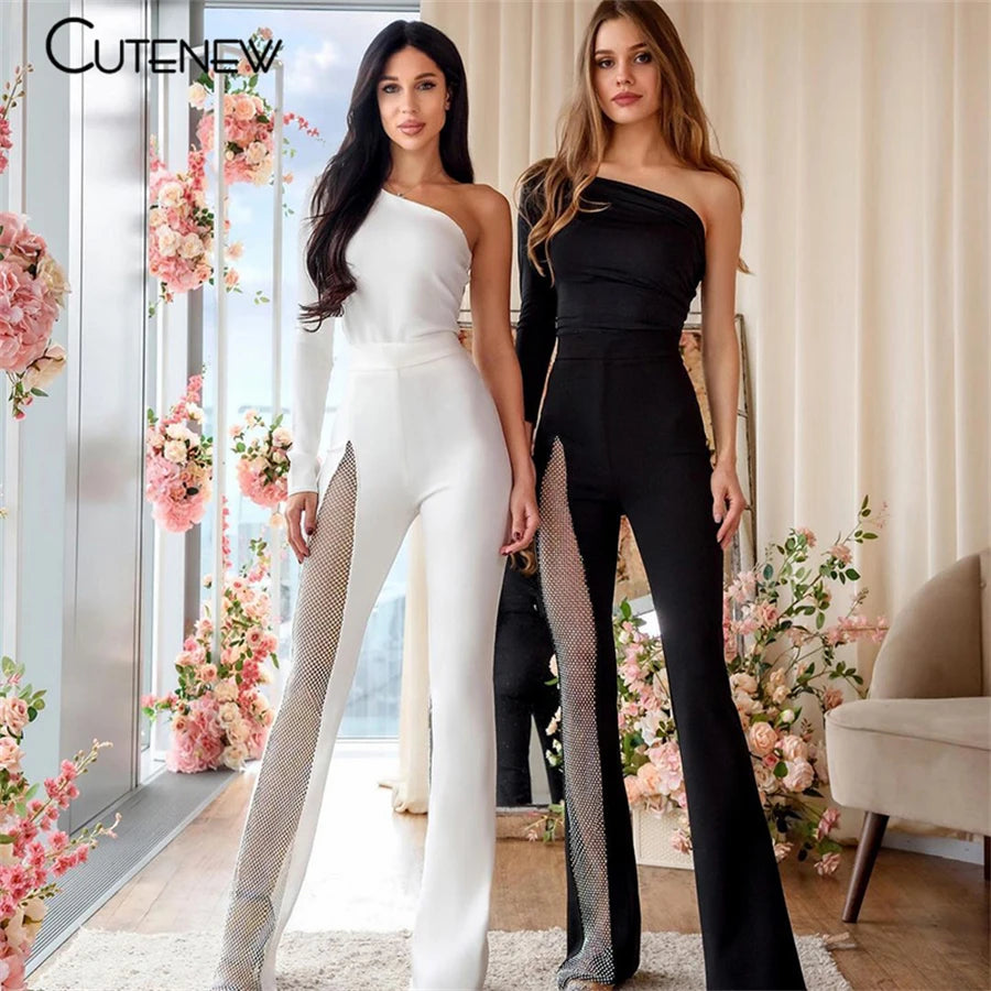 NIBBER Sexy Mesh Patchwork One Shoulder Playsuits Women Elegant Solid Skinny Flare Pants Jumpsuit Fashion Lady Party Streetwear