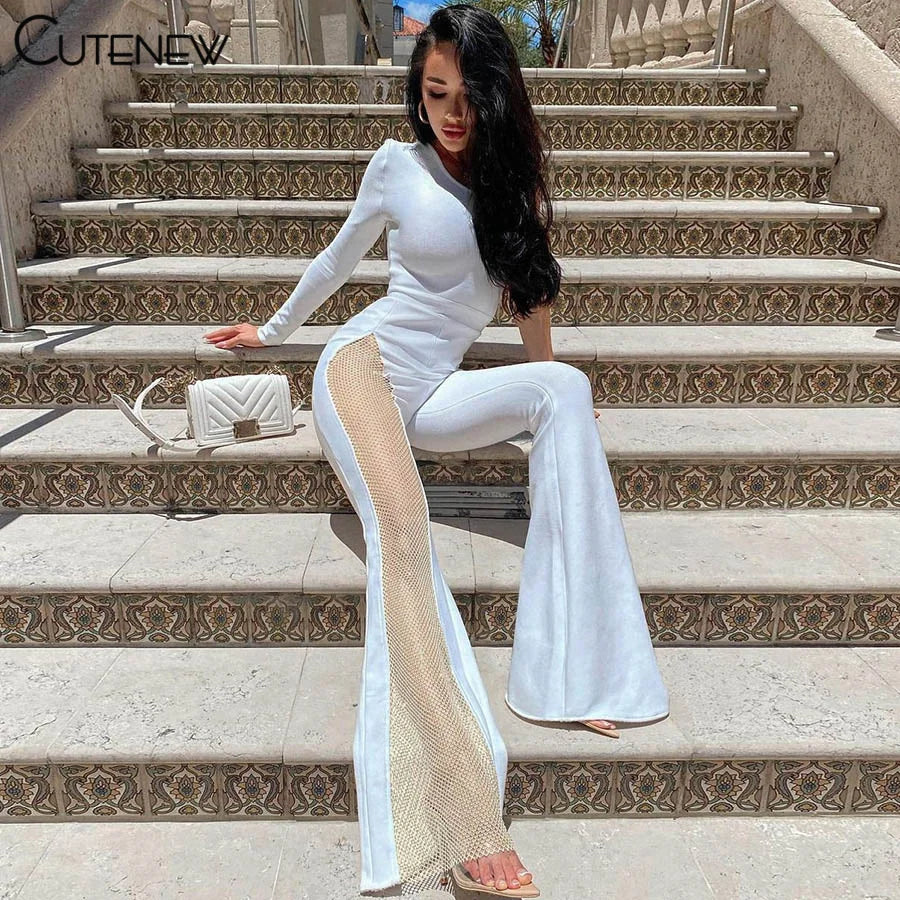 NIBBER Sexy Mesh Patchwork One Shoulder Playsuits Women Elegant Solid Skinny Flare Pants Jumpsuit Fashion Lady Party Streetwear