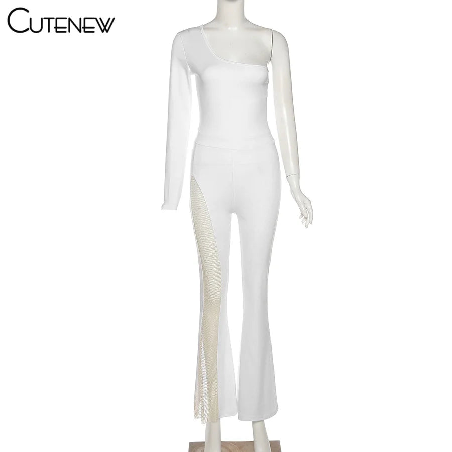 NIBBER Sexy Mesh Patchwork One Shoulder Playsuits Women Elegant Solid Skinny Flare Pants Jumpsuit Fashion Lady Party Streetwear