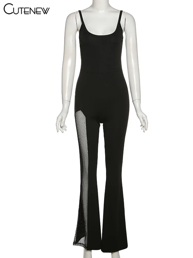 NIBBER Sexy Mesh Patchwork One Shoulder Playsuits Women Elegant Solid Skinny Flare Pants Jumpsuit Fashion Lady Party Streetwear