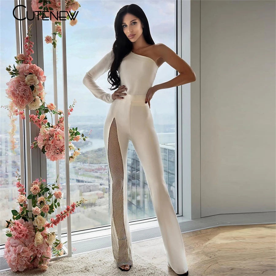NIBBER Sexy Mesh Patchwork One Shoulder Playsuits Women Elegant Solid Skinny Flare Pants Jumpsuit Fashion Lady Party Streetwear