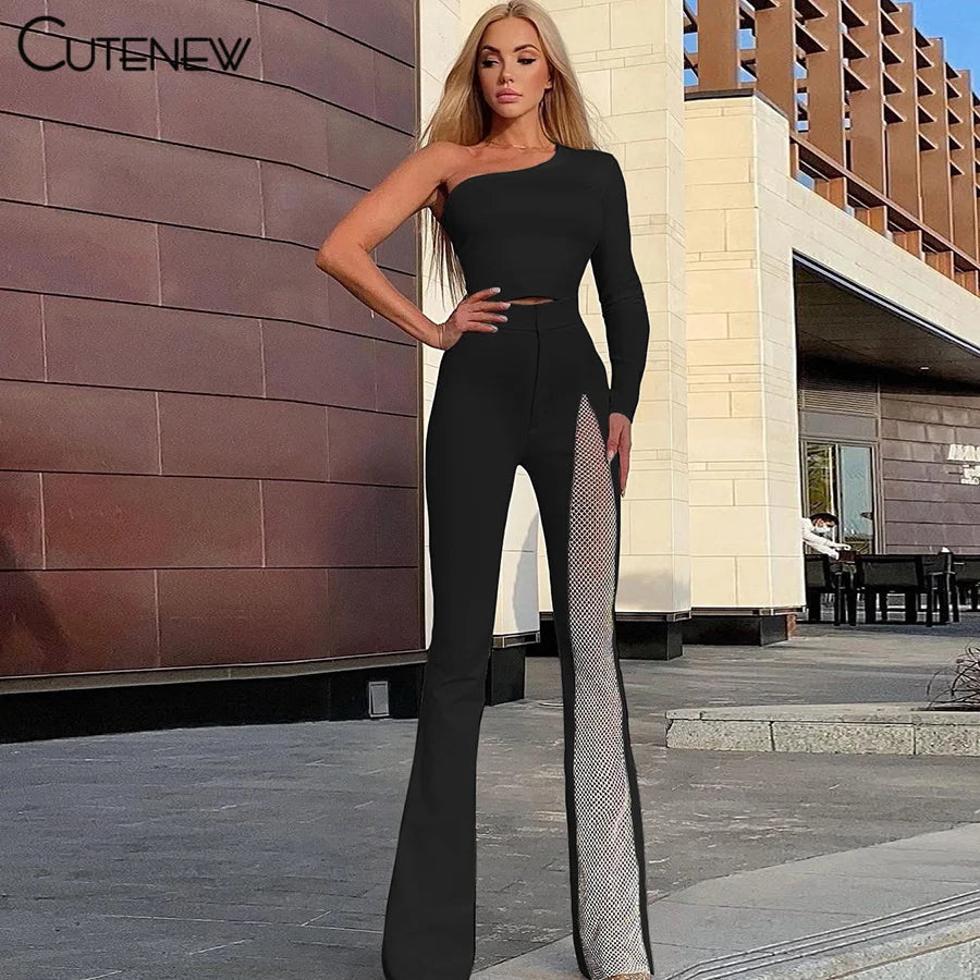 NIBBER Sexy Mesh Patchwork One Shoulder Playsuits Women Elegant Solid Skinny Flare Pants Jumpsuit Fashion Lady Party Streetwear