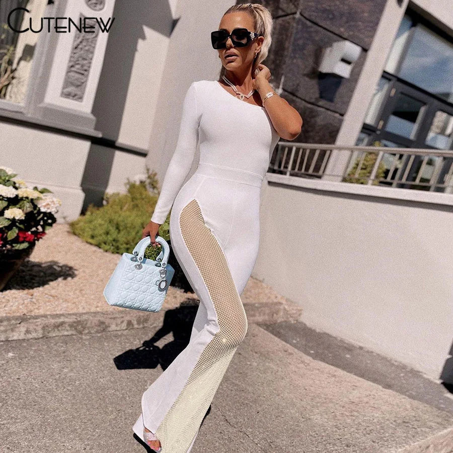 NIBBER Sexy Mesh Patchwork One Shoulder Playsuits Women Elegant Solid Skinny Flare Pants Jumpsuit Fashion Lady Party Streetwear