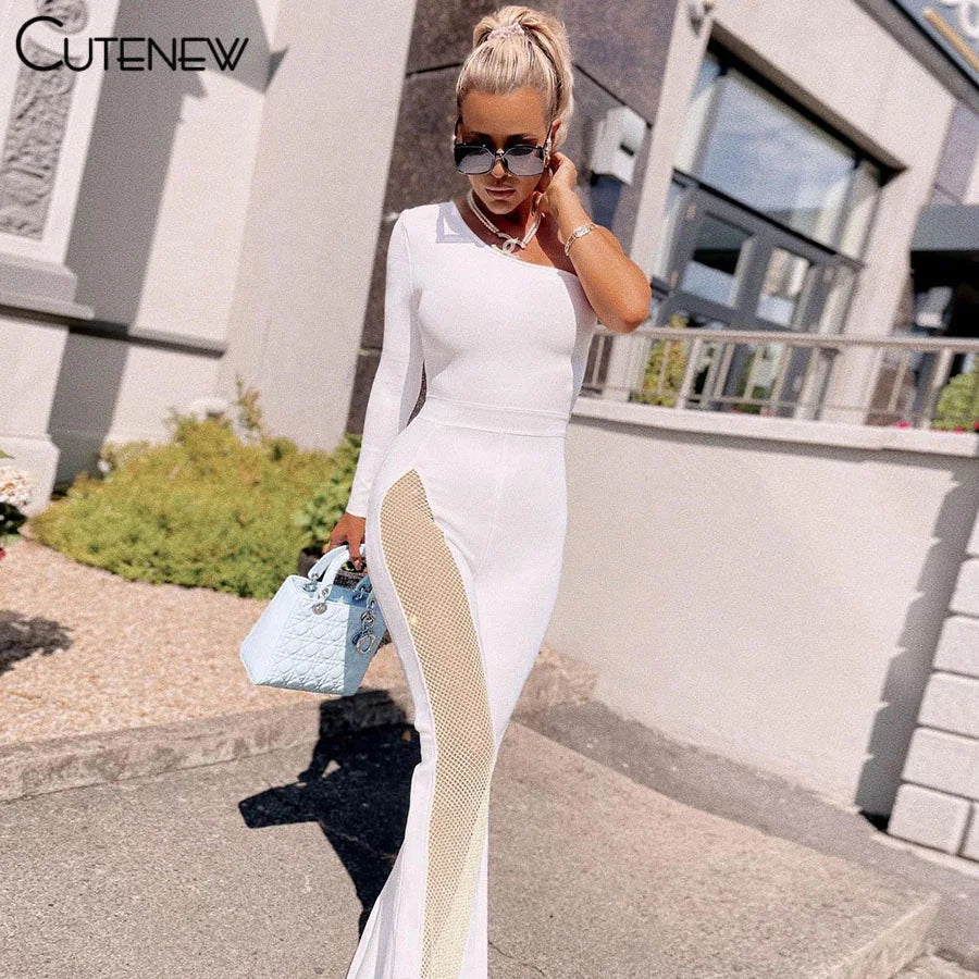 NIBBER Sexy Mesh Patchwork One Shoulder Playsuits Women Elegant Solid Skinny Flare Pants Jumpsuit Fashion Lady Party Streetwear