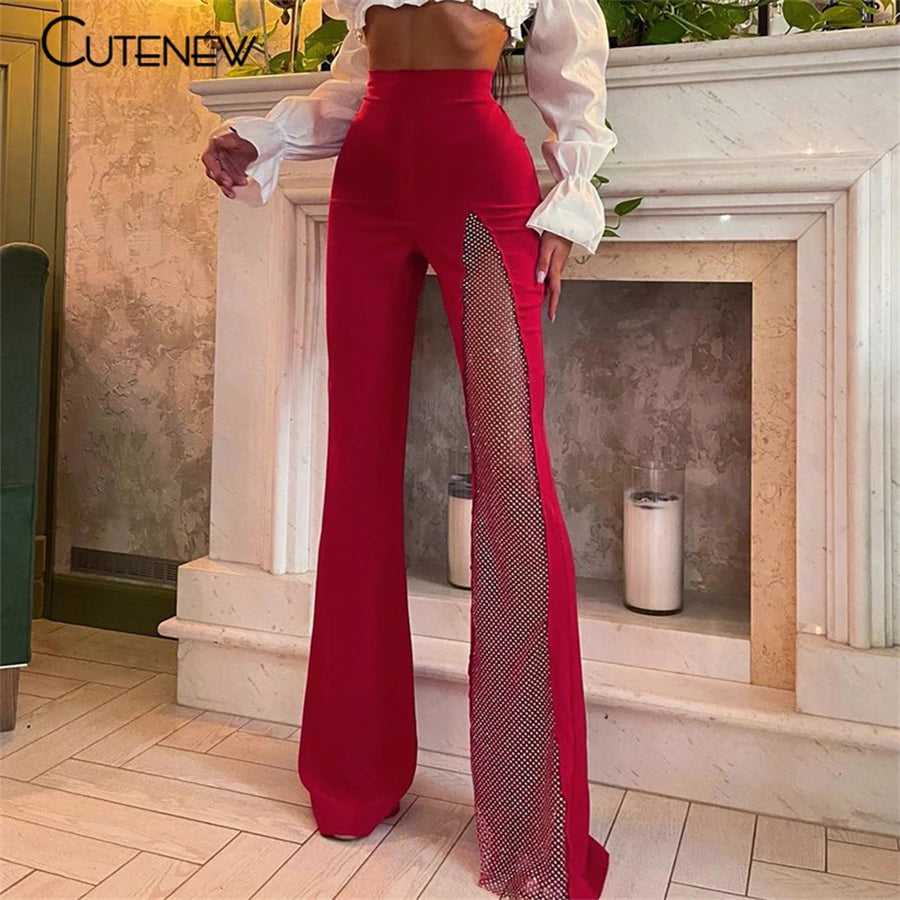 NIBBER Sexy Mesh Patchwork One Shoulder Playsuits Women Elegant Solid Skinny Flare Pants Jumpsuit Fashion Lady Party Streetwear