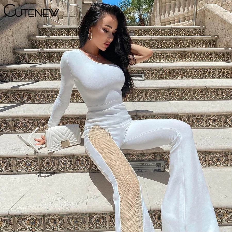 NIBBER Sexy Mesh Patchwork One Shoulder Playsuits Women Elegant Solid Skinny Flare Pants Jumpsuit Fashion Lady Party Streetwear