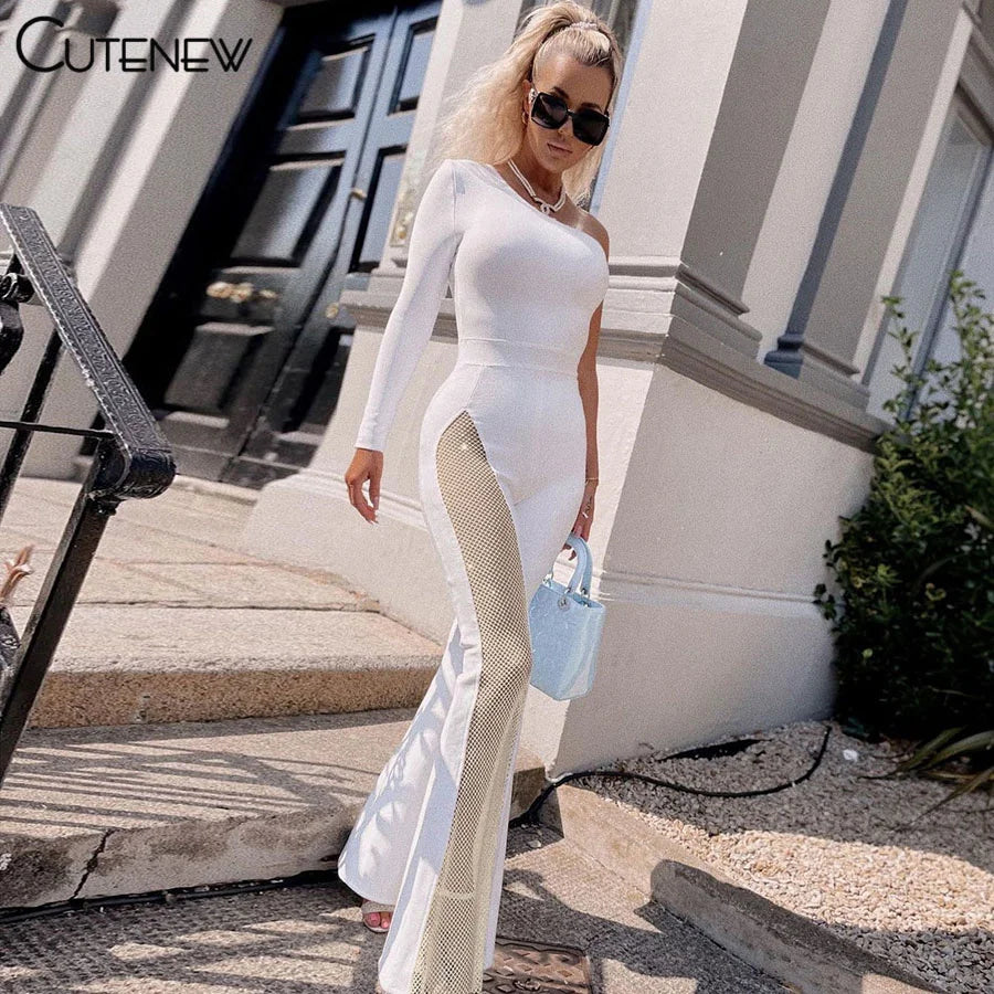 NIBBER Sexy Mesh Patchwork One Shoulder Playsuits Women Elegant Solid Skinny Flare Pants Jumpsuit Fashion Lady Party Streetwear