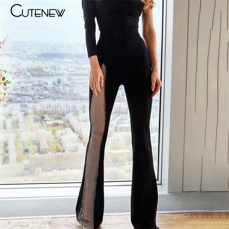 NIBBER Sexy Mesh Patchwork One Shoulder Playsuits Women Elegant Solid Skinny Flare Pants Jumpsuit Fashion Lady Party Streetwear