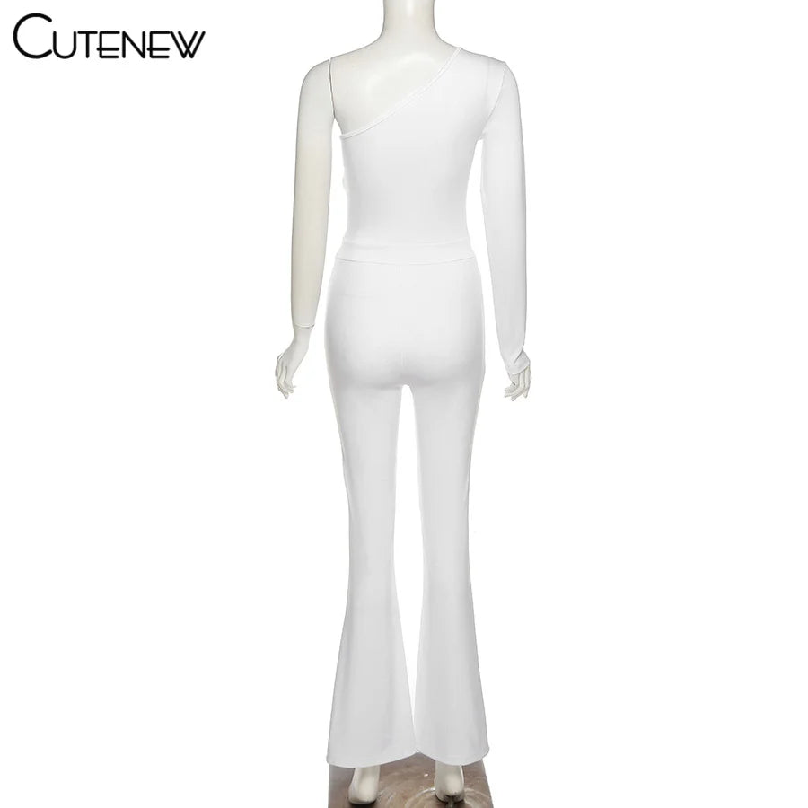 NIBBER Sexy Mesh Patchwork One Shoulder Playsuits Women Elegant Solid Skinny Flare Pants Jumpsuit Fashion Lady Party Streetwear