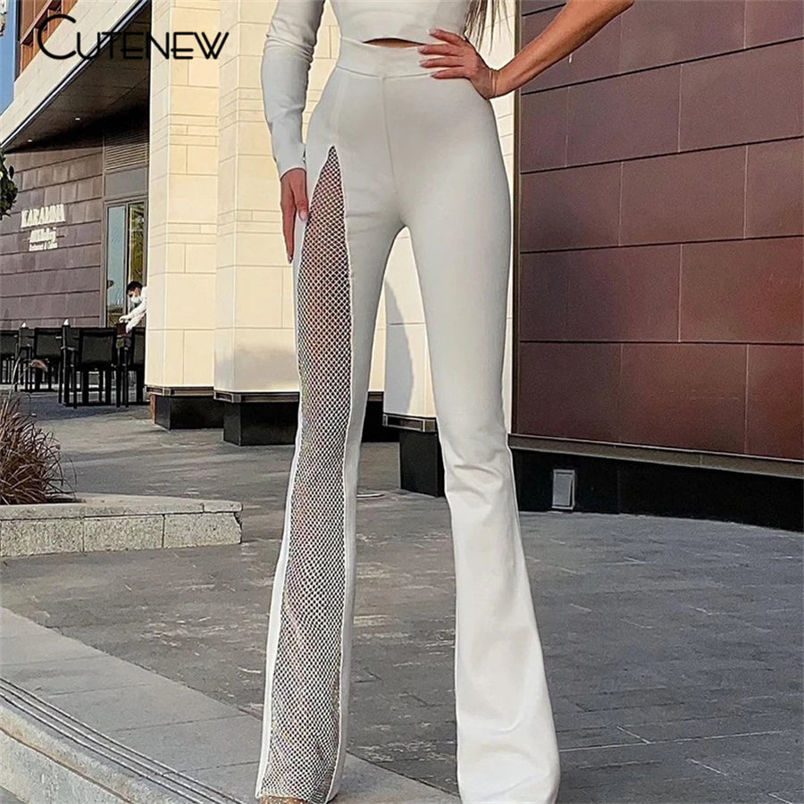 NIBBER Sexy Mesh Patchwork One Shoulder Playsuits Women Elegant Solid Skinny Flare Pants Jumpsuit Fashion Lady Party Streetwear
