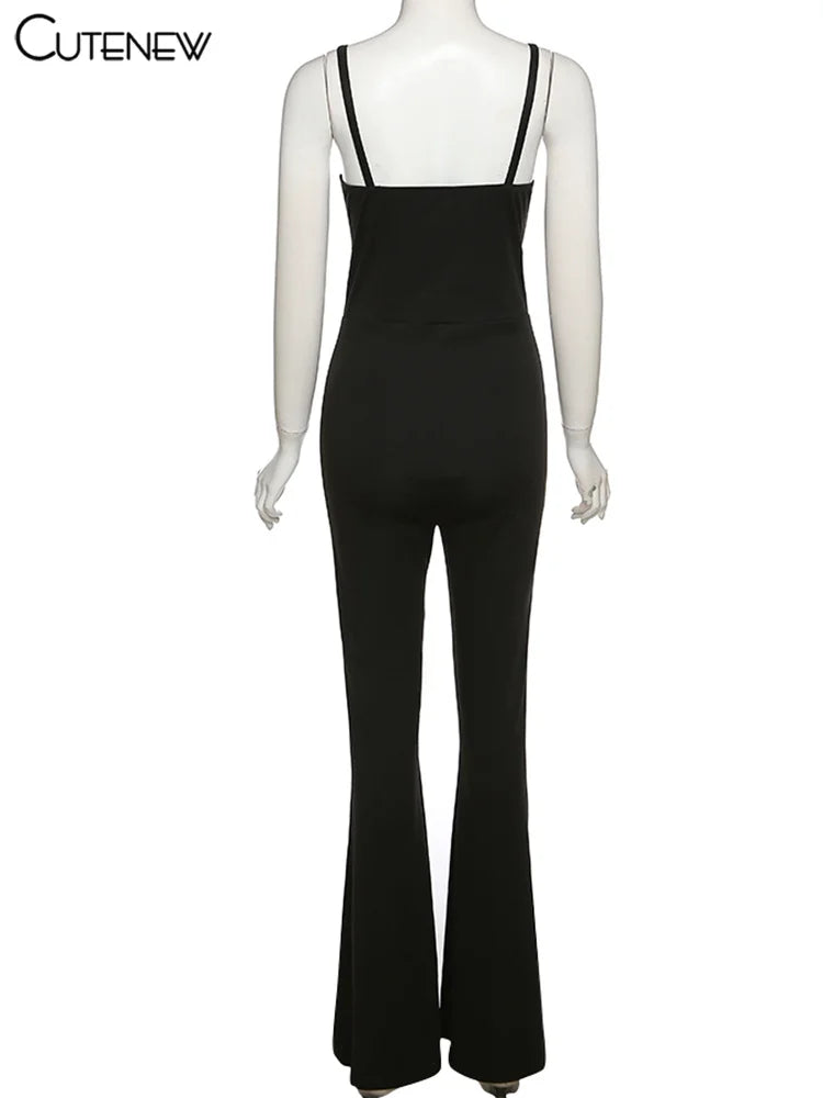 NIBBER Sexy Mesh Patchwork One Shoulder Playsuits Women Elegant Solid Skinny Flare Pants Jumpsuit Fashion Lady Party Streetwear