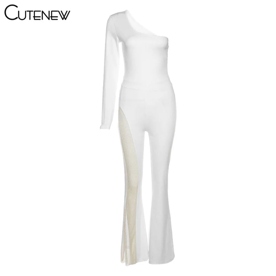 NIBBER Sexy Mesh Patchwork One Shoulder Playsuits Women Elegant Solid Skinny Flare Pants Jumpsuit Fashion Lady Party Streetwear