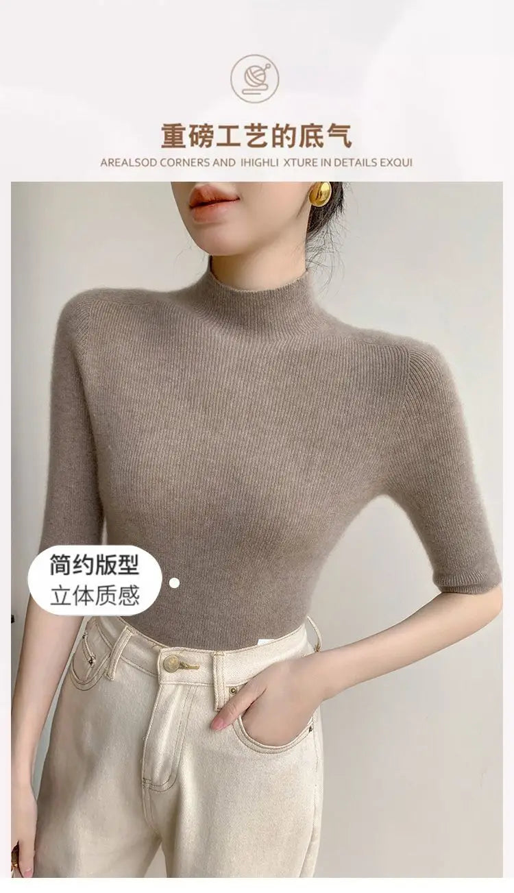 Sweater Spring Autumn High Neck Middle Sleeve New Knitted Base Knitted Half Sleeve Five-Pin Slim Tops