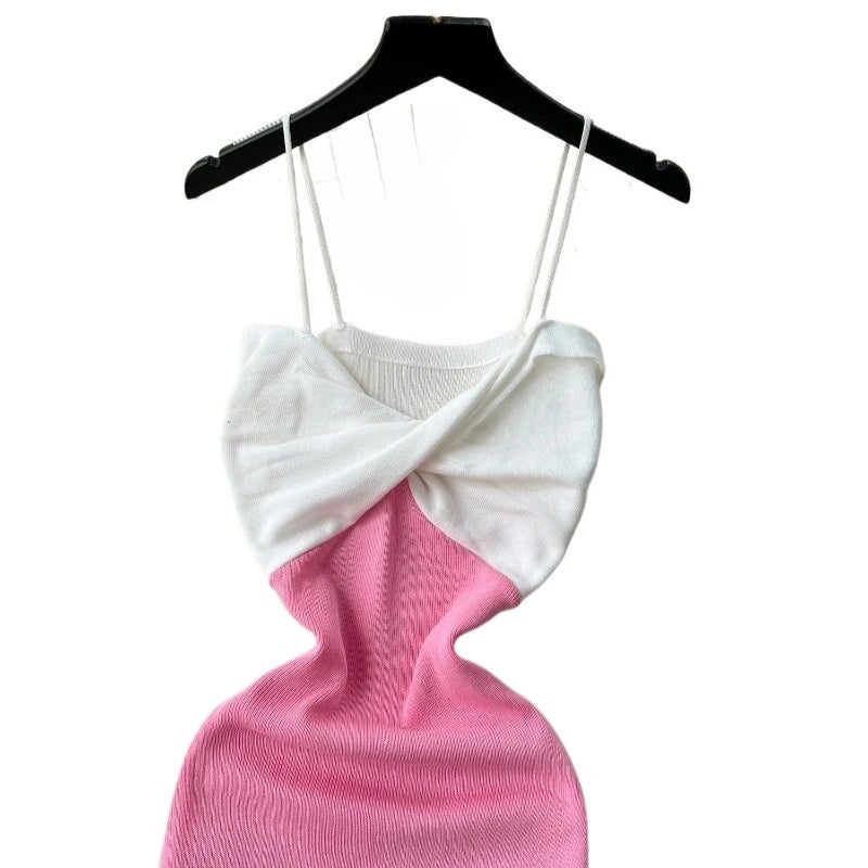 Women's Red White Color Block Spaghetti Strap V-Neck Twist Sundress Stretchy Ribbed Knit Bodycon Mini Dress Summer Party Dress