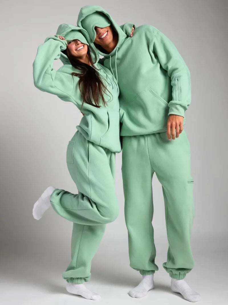 Fitness Workout Outfits Autumn Winter Women Tracksuit Sport Pocket Sweatshirt Hoodies with Eye Patch Sweatpants Two Piece Set