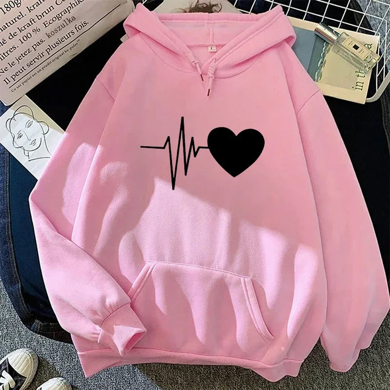 Woman Hooded Sweatshirt Casual Fashion Heart Print Hoodies Ladies Home Outdoor Comfort Warm Pullover Daily Sport Loose Hoody Top