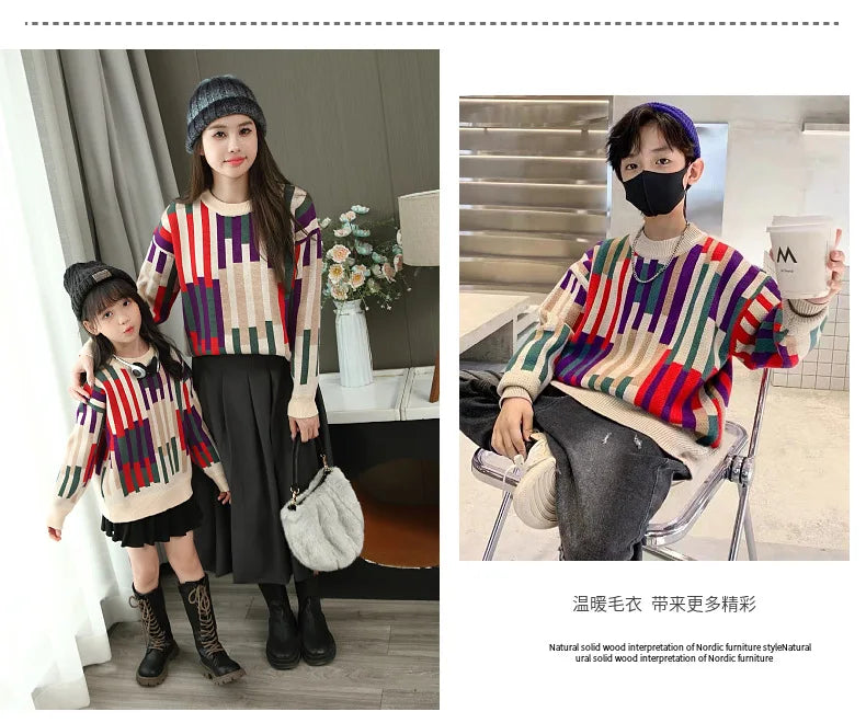Fashion Sweater for The Whole Family Knitted Tops Mom and Daughter Baby Girl Matching Striped Knitwear Dad and Son Boy Jumper