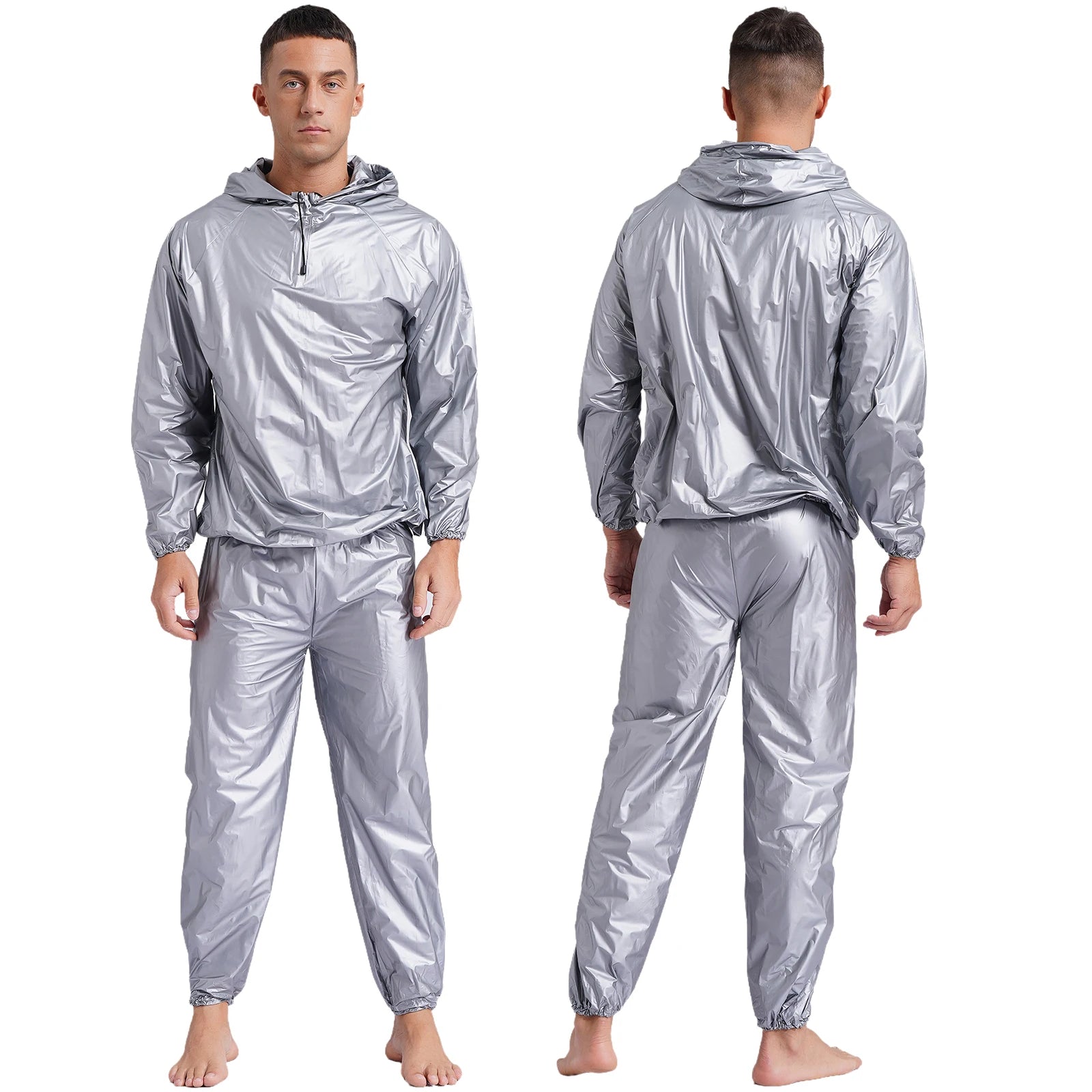 Mens Sports Outfits Sauna Sweat Sets Long Sleeve Hooded Jacket Outerwear and Long Pants PVC Sweating Suit for Gym Workout Yoga