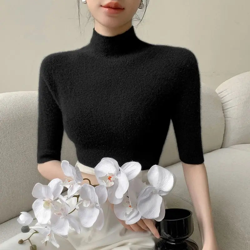 Sweater Spring Autumn High Neck Middle Sleeve New Knitted Base Knitted Half Sleeve Five-Pin Slim Tops