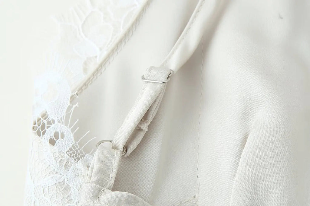 New 2026 Women V Neck Satin Sling Long Dress Lace Patchwork Backless Sexy White Gowns Summer Evening Party Maxi Vestidos