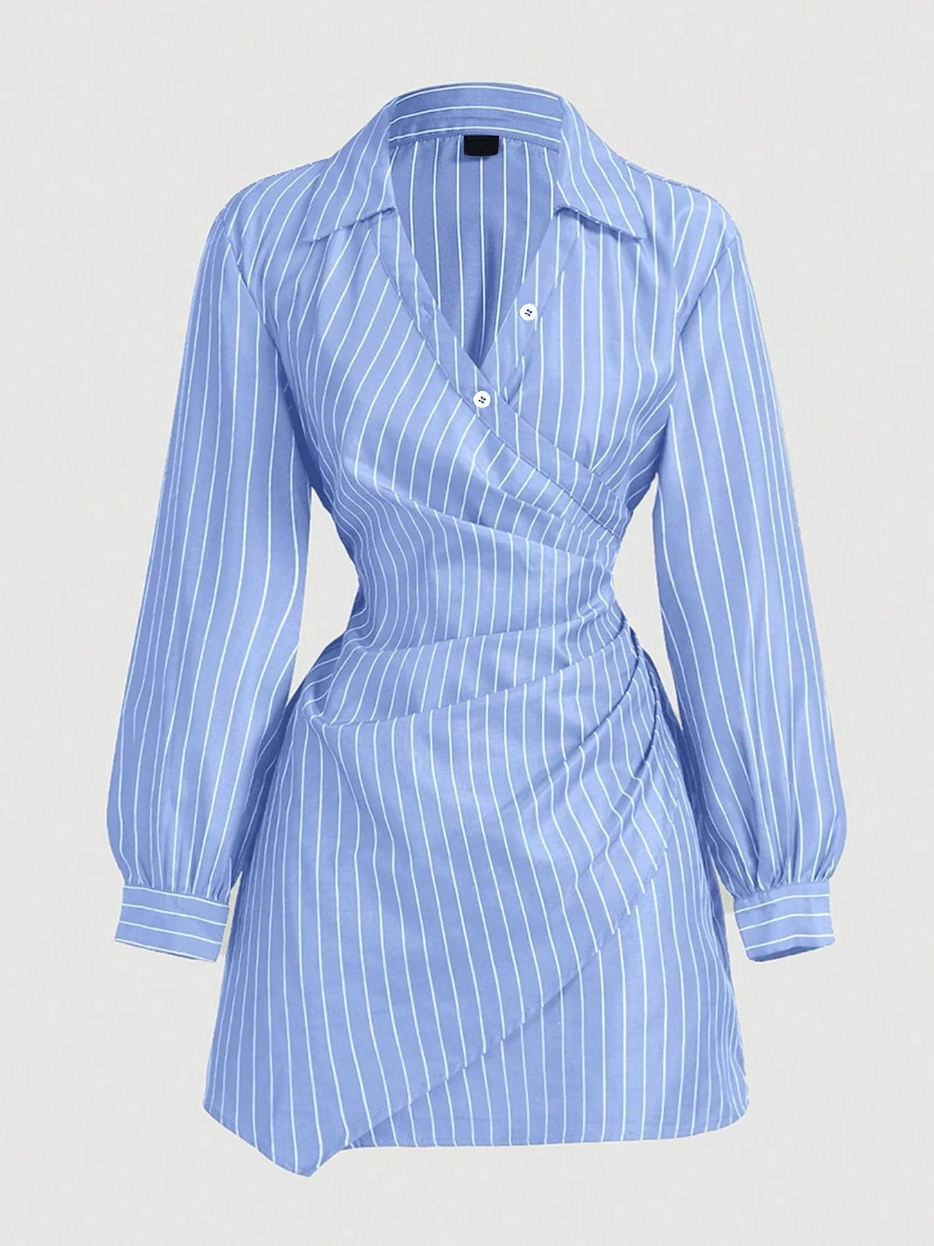 Women Dress Striped Wrap V Neck Ruched Shirt Mini Dress Chic New Spring Summer Preppy Dress Office Work Date Tailored Dress