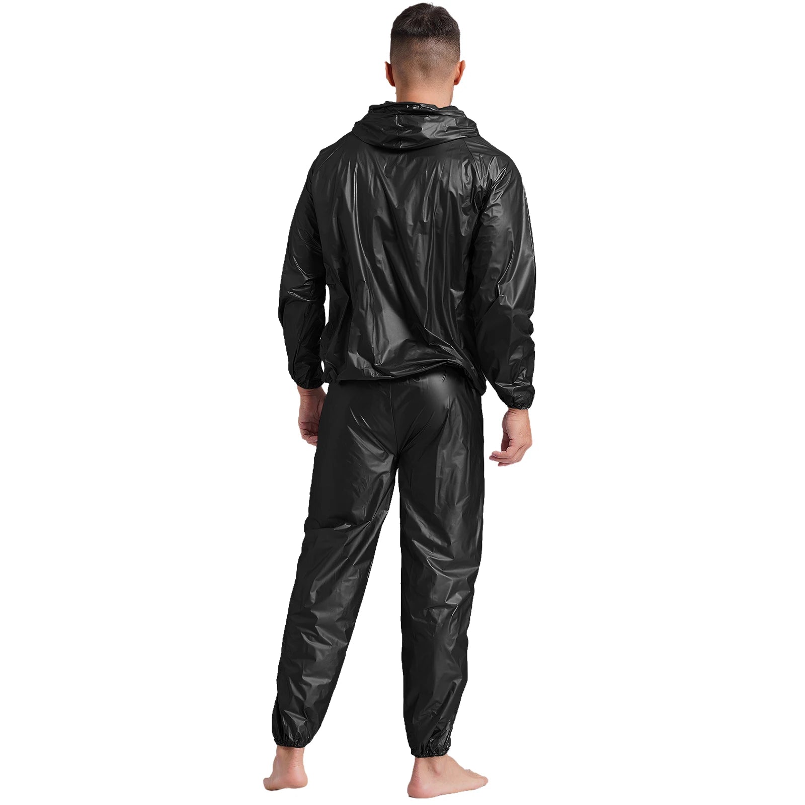 Mens Sports Outfits Sauna Sweat Sets Long Sleeve Hooded Jacket Outerwear and Long Pants PVC Sweating Suit for Gym Workout Yoga