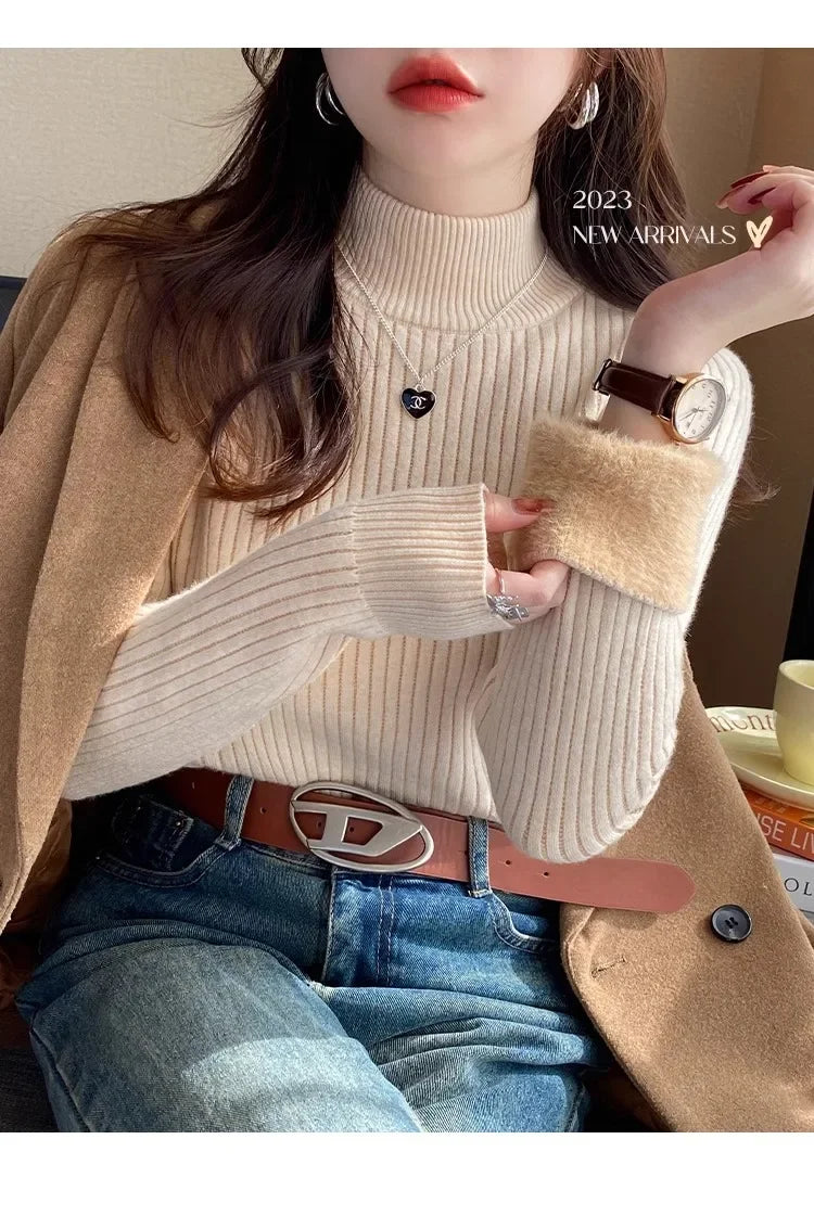 Sweater For Women Winter Thicken Turtleneck Slim Knit Pullover New Warm Plush Velvet Lined Knitwear Jumper Tops Casual Poleras