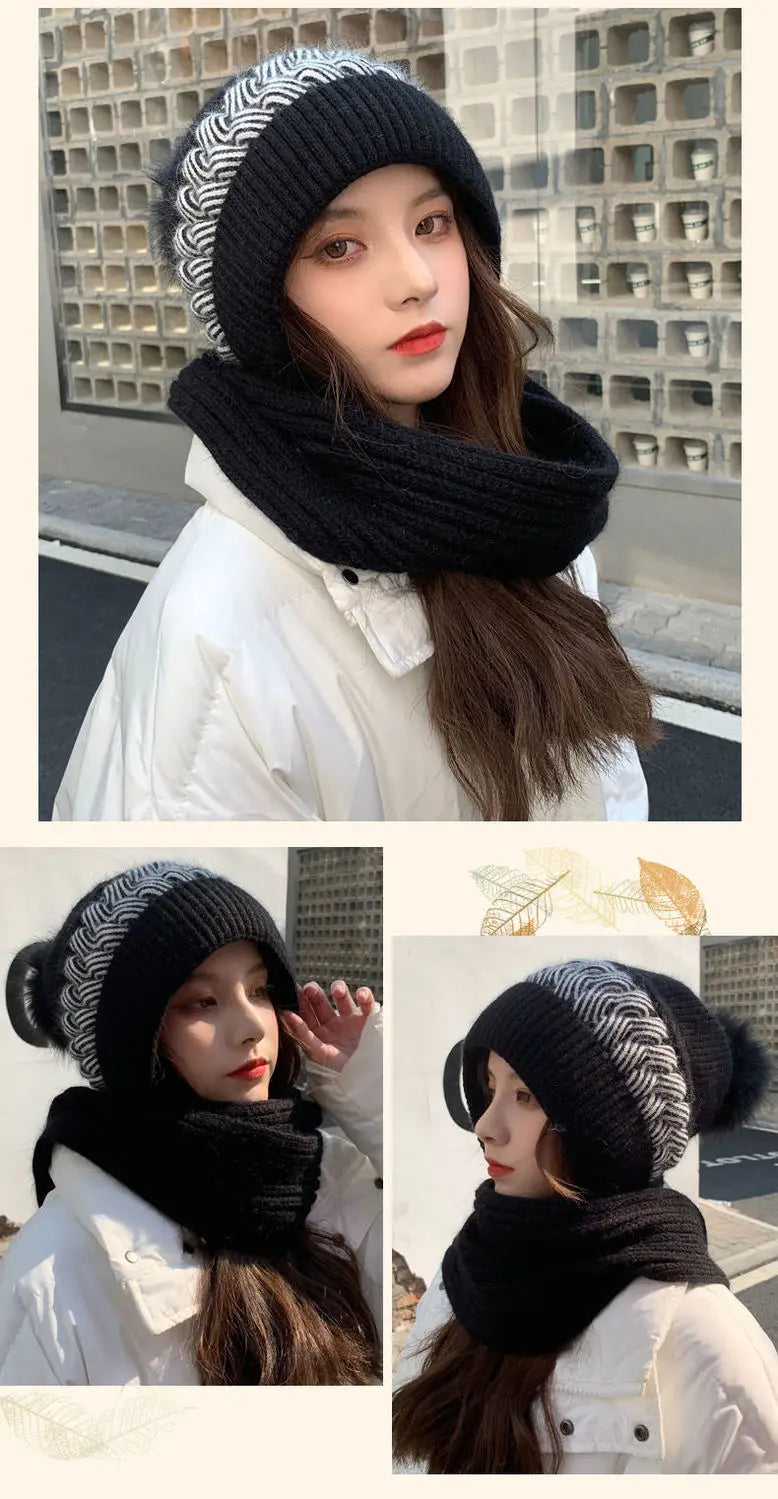 Women's Hats Scarves Earmuffs Fashionable Autumn and Winter Warmth Snow and Wind Scarf One-piece Hat Knitted Sweater Cover Hat