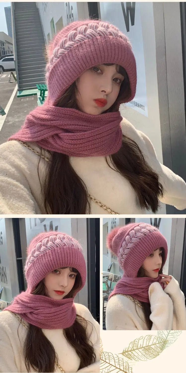 Women's Hats Scarves Earmuffs Fashionable Autumn and Winter Warmth Snow and Wind Scarf One-piece Hat Knitted Sweater Cover Hat