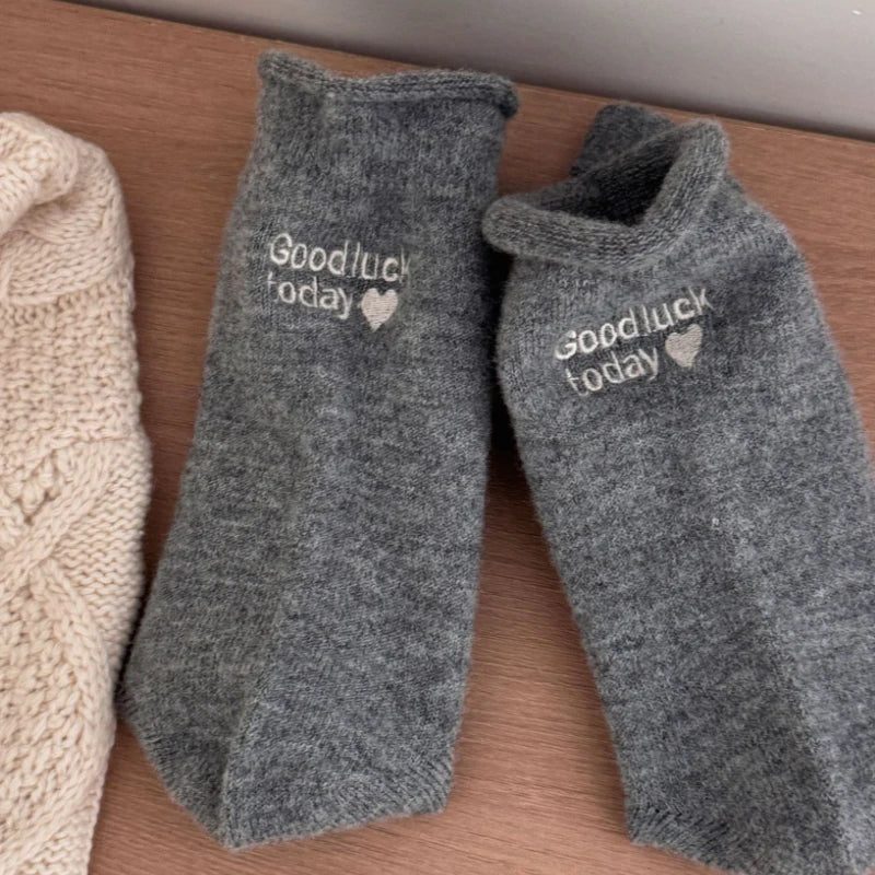 Winter Warm Thicken Cotton Socks Women Embroidery Letters Cozy Solid Color Thermal Japanese Korean Stacked Mid Calf Crew Socks