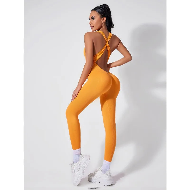 Crisscross Back Yoga Bodysuit Women V-Neck Butt Lifting Workout Jumpsuit Seamless Running Fashion Slim High Elastic Bodysuit