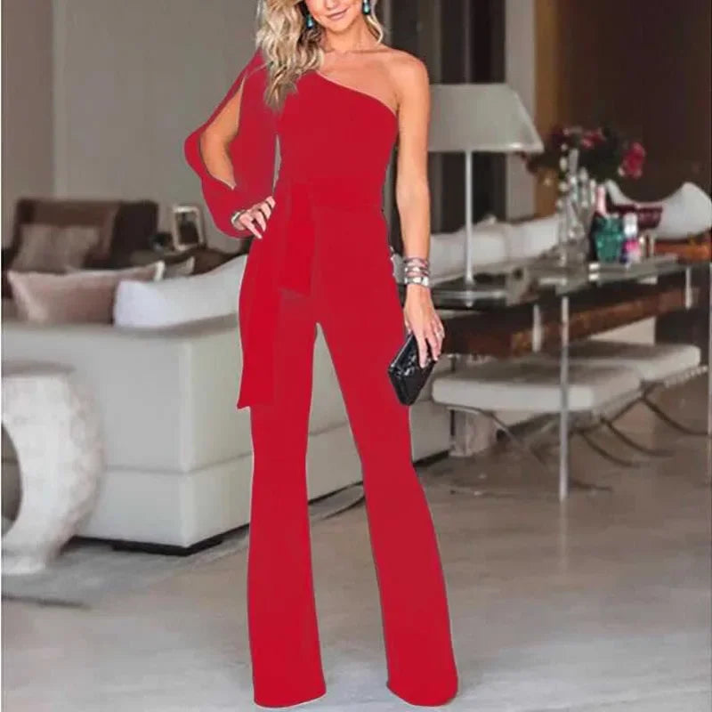 New women's single shoulder high waistband solid color slim fit sexy jumpsuit, fashionable and versatile