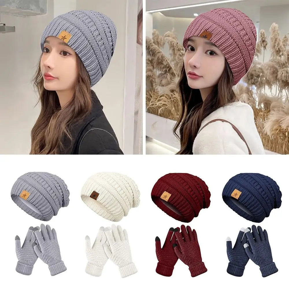 2PCS/Set Gift Warm Women Hats Gloves Set Soft Ear Protection Winter Warm Mitten Windproof Plush Beanie Cap for Men Women