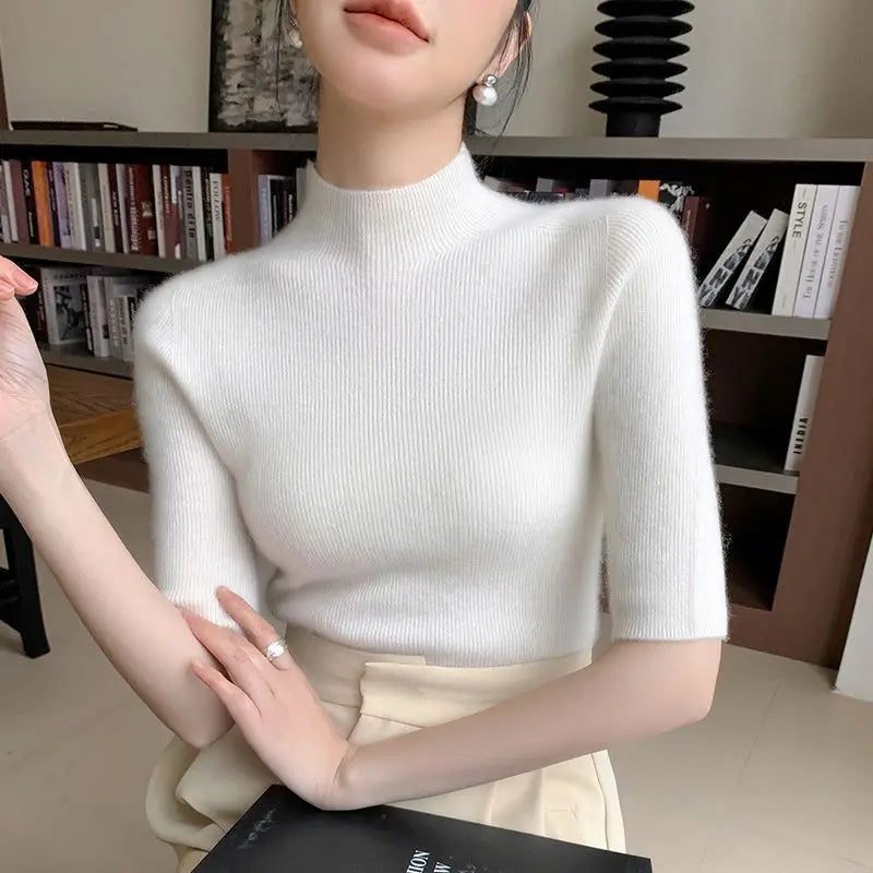 Sweater Spring Autumn High Neck Middle Sleeve New Knitted Base Knitted Half Sleeve Five-Pin Slim Tops