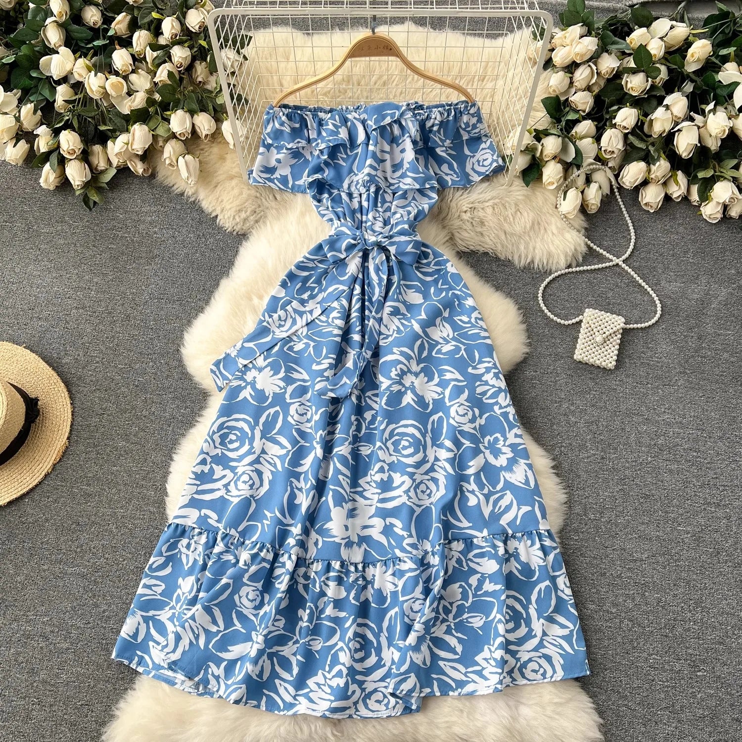 YuooMuoo Chic Fashion Floral Print Long Women Dress 2026 New Summer Y2K Off Shoulders A-line Long Dress Vacation Beach Vestidos