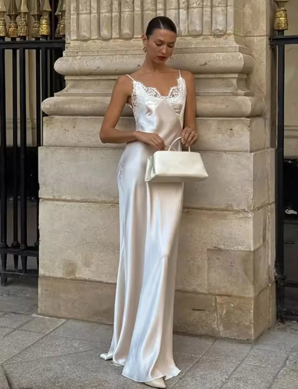 New 2026 Women V Neck Satin Sling Long Dress Lace Patchwork Backless Sexy White Gowns Summer Evening Party Maxi Vestidos