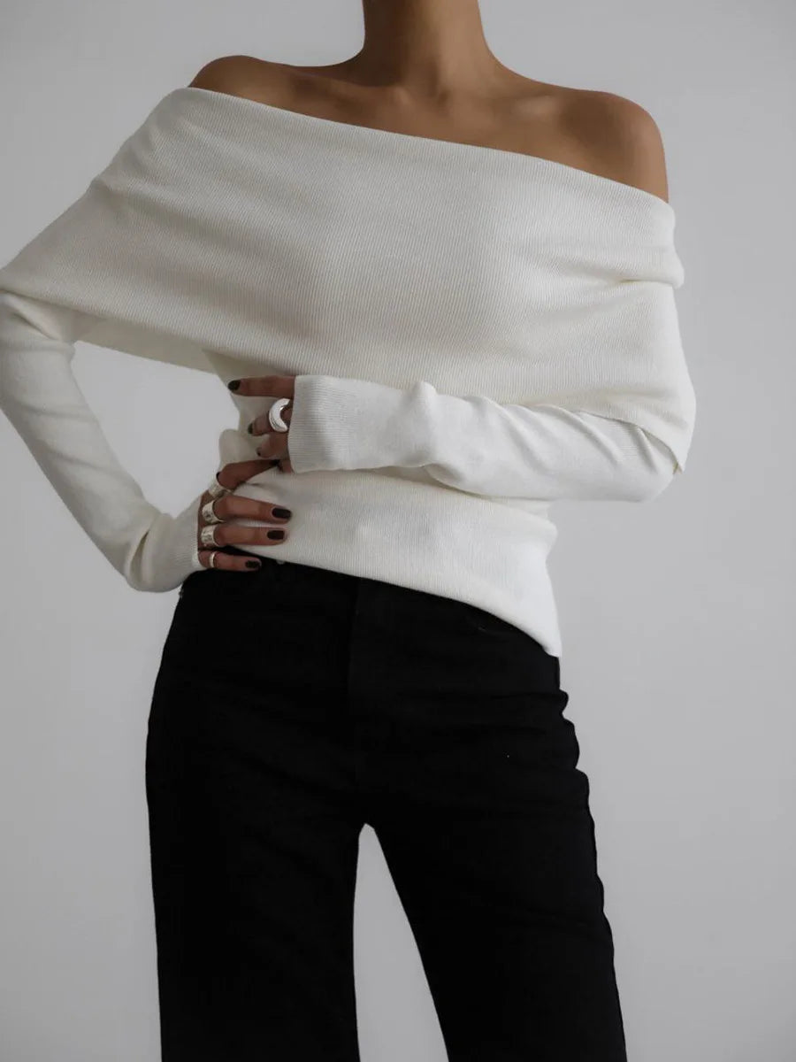 Sweater Women's Autumn and Winter Style Long Sleeved Knitted Base Shirt, One Shoulder Sexy Slim Fit Off Shoulder Top