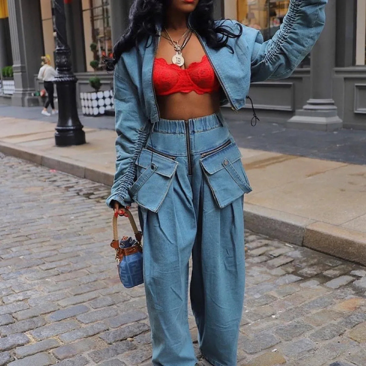 Fall Denim Suit For Women Long Sleeve Lapel Top And Wide Leg Pant Outfits Comfortable Solid Color Ladies Two-Piece Set