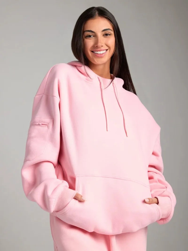 Fitness Workout Outfits Autumn Winter Women Tracksuit Sport Pocket Sweatshirt Hoodies with Eye Patch Sweatpants Two Piece Set