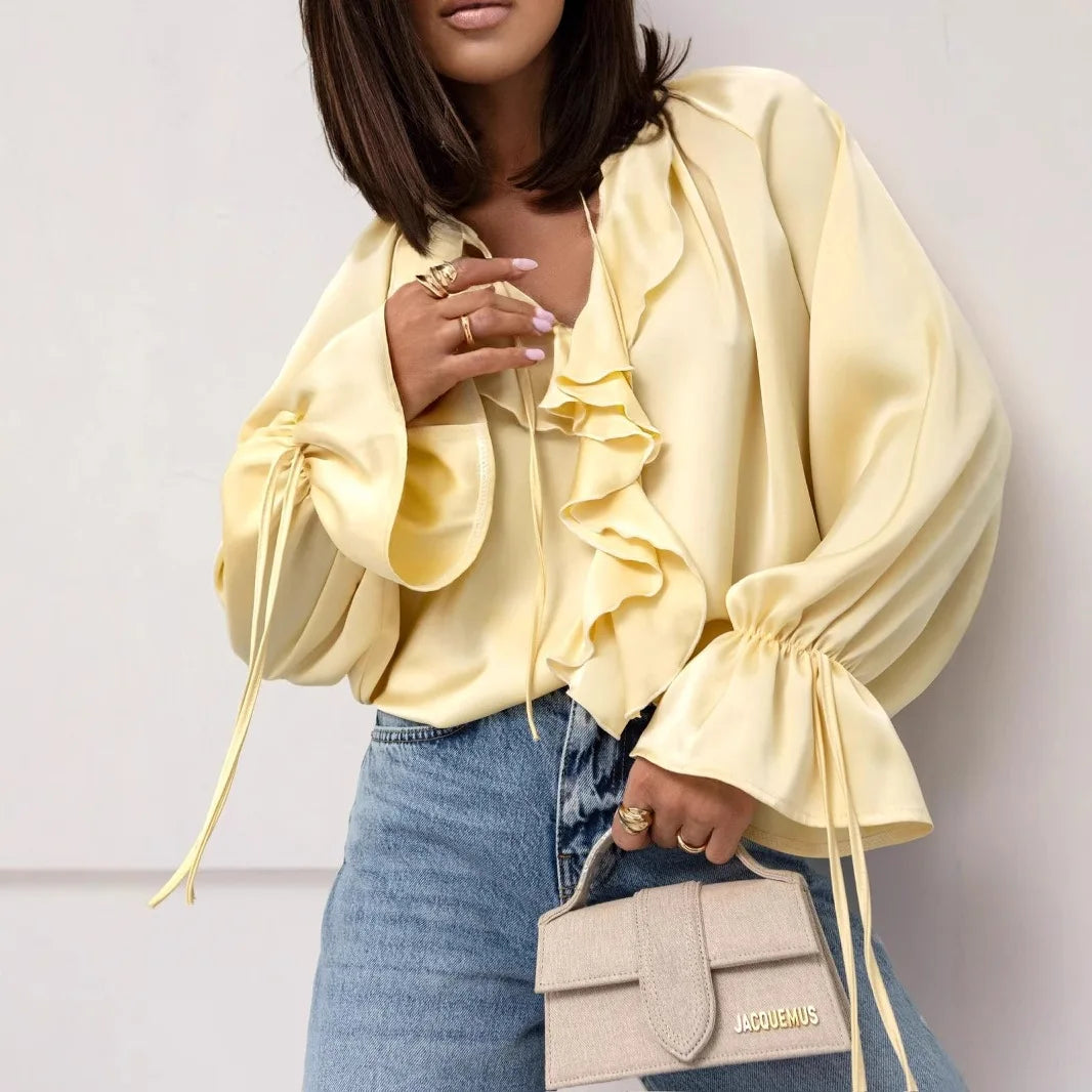 Fashion Fall Ruffles Blouse Women 2025 Autumn Winter Long Sleeve Loose Lace-up Shirts And Blouses Tops Elegant