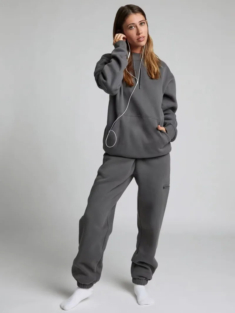 Fitness Workout Outfits Autumn Winter Women Tracksuit Sport Pocket Sweatshirt Hoodies with Eye Patch Sweatpants Two Piece Set
