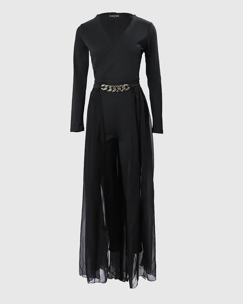 Fall Outfits Women Chain Decor Sheer Mesh Overlay Long Sleeve Tight Fitting Jumpsuit Fashion and Elegant Commuting Combinations