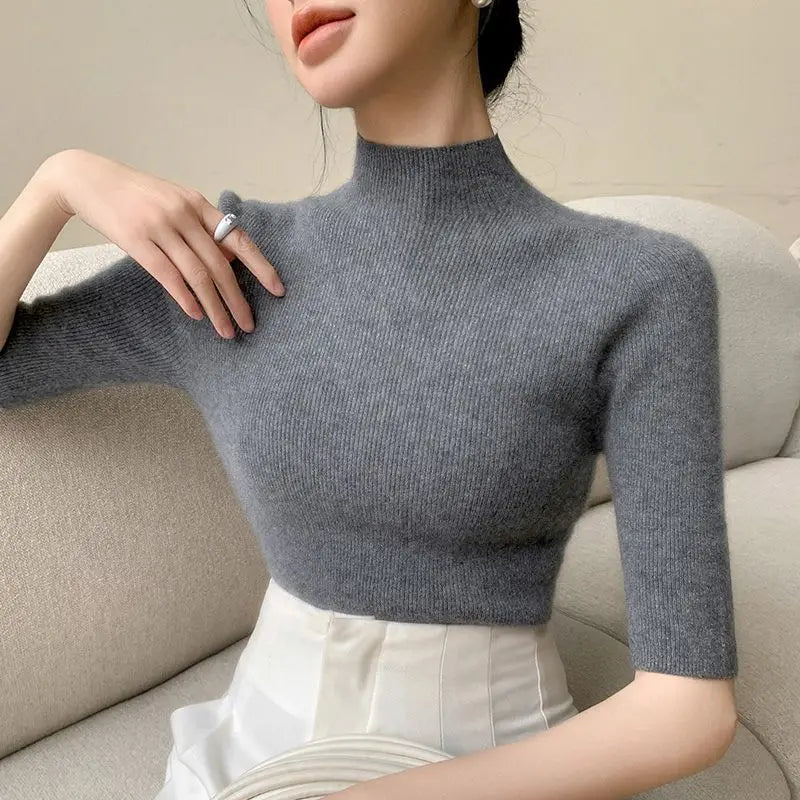 Sweater Spring Autumn High Neck Middle Sleeve New Knitted Base Knitted Half Sleeve Five-Pin Slim Tops