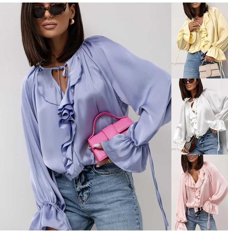 Fashion Fall Ruffles Blouse Women 2025 Autumn Winter Long Sleeve Loose Lace-up Shirts And Blouses Tops Elegant