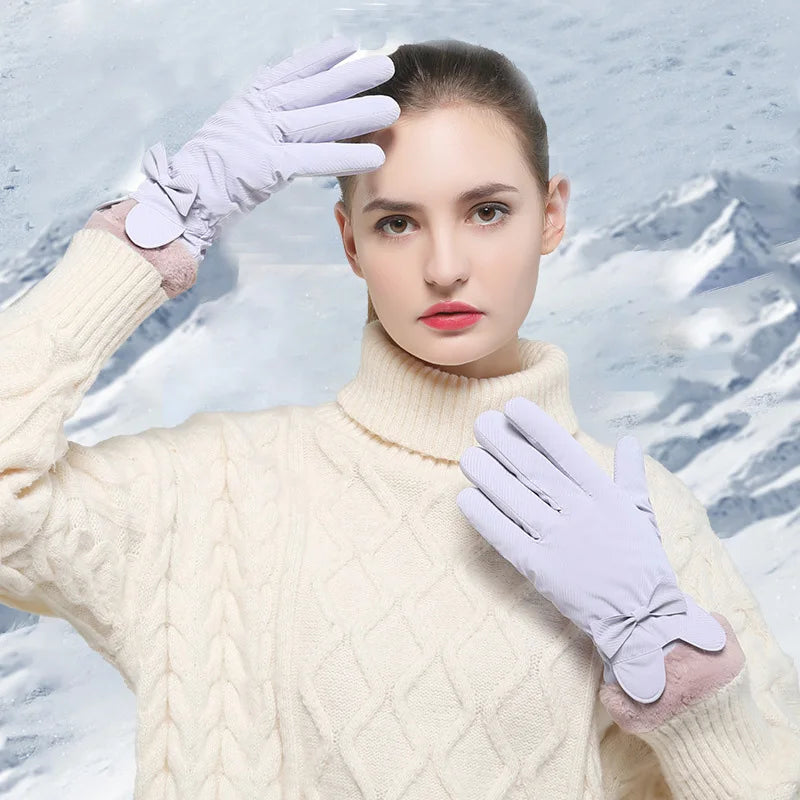 Winter Warm Gloves For Women Plus Velvet Thickened Waterproof Windproof Cute Bow Student Outdoor Cycling Touch Screen Ski Gloves