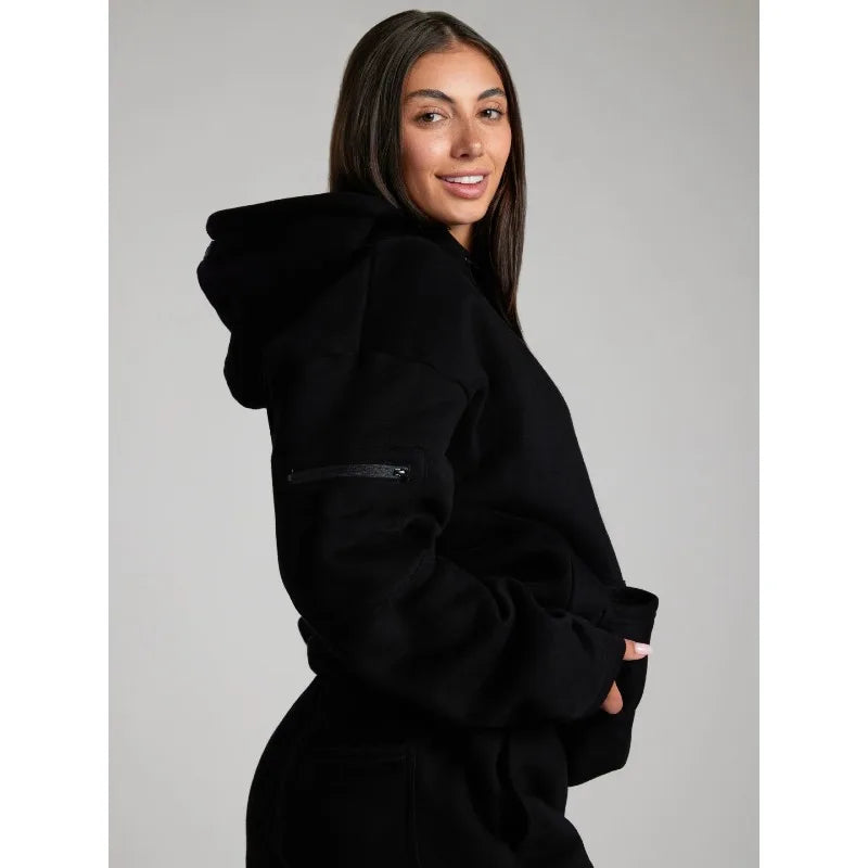 Fitness Workout Outfits Autumn Winter Women Tracksuit Sport Pocket Sweatshirt Hoodies with Eye Patch Sweatpants Two Piece Set