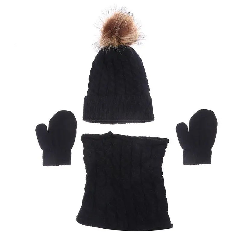 Children's Hat Scarf Gloves Suit Wool Monochrome Fried Dough Twists Warm Three Piece Children's Hat Scarf Gloves Suit